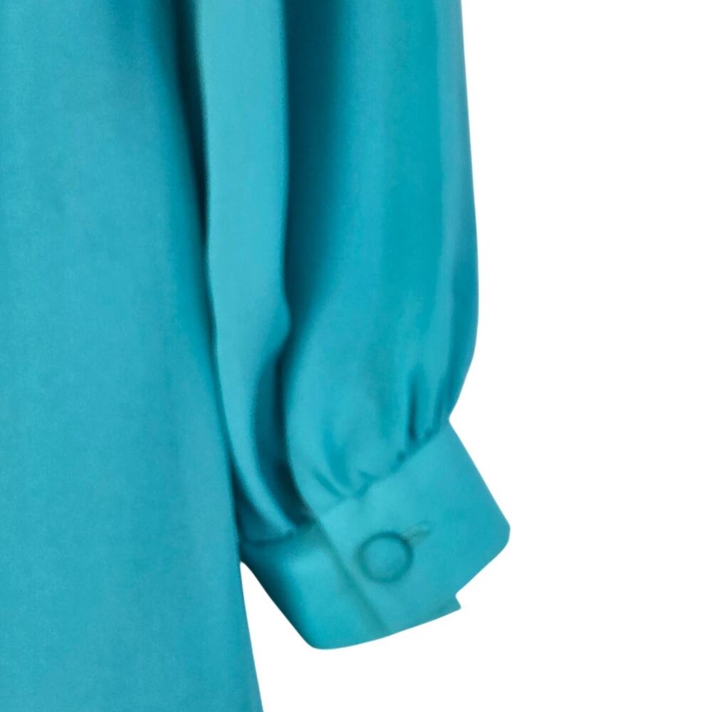 1980s Vintage Turquoise Chiffon Secretary Dress Sheer Bishop Sleeve USA Size 10 - Picture 7 of 10